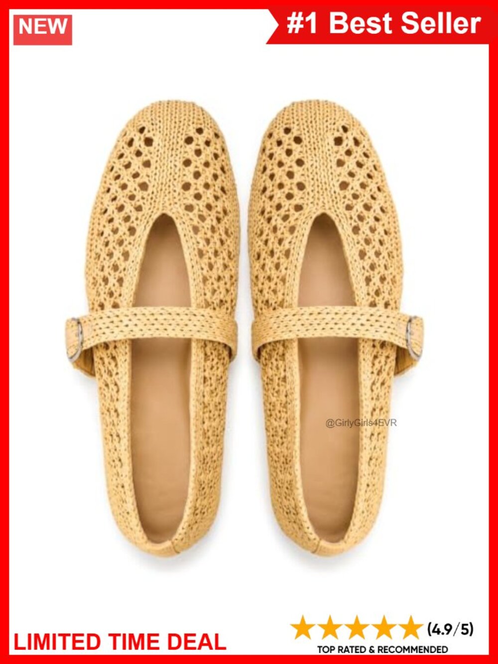 Woven Raffia Mesh Ballet Flats Round Toe Mary Jane Adjustable Buckle Casual